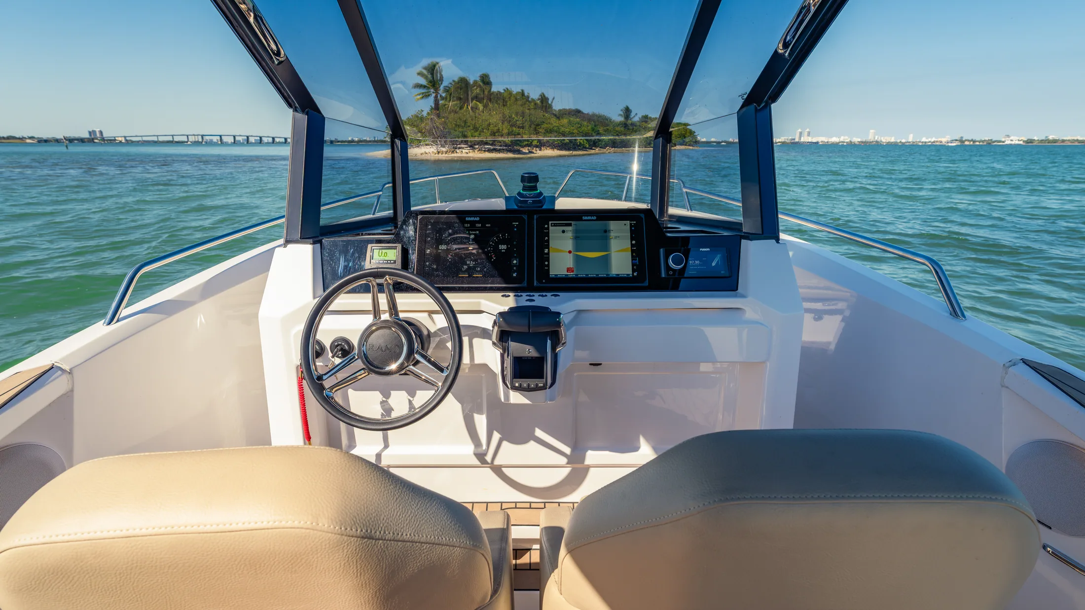 The helm of Escape 29 under its hardtop