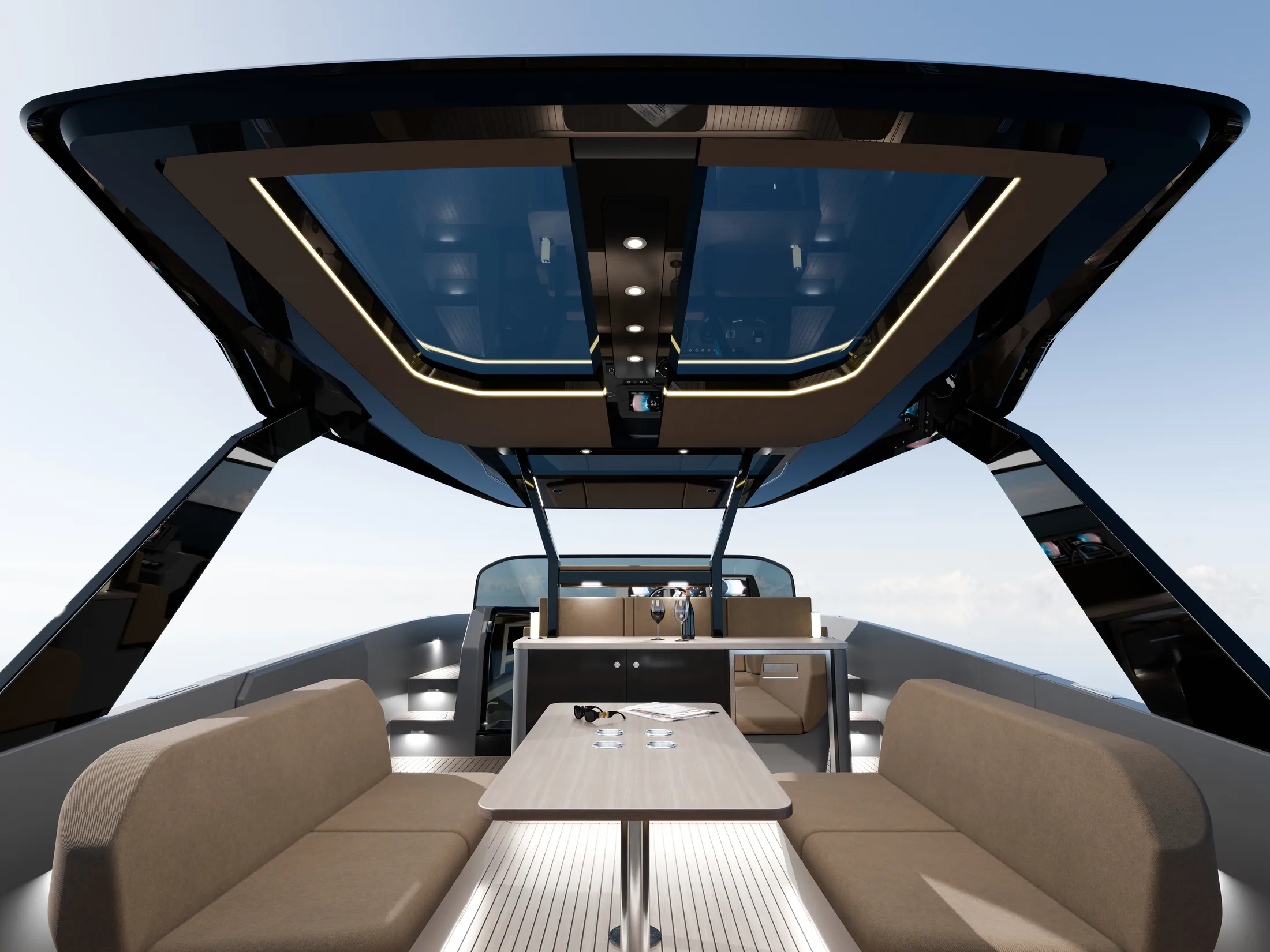 The helm of Escape 44 under its glass roof