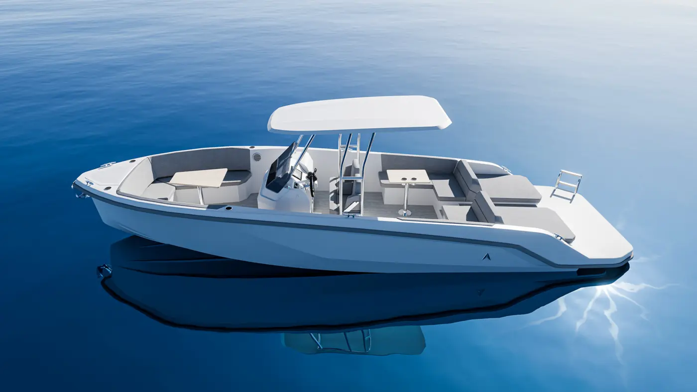 Source 30 render from above, at rest on blue water
