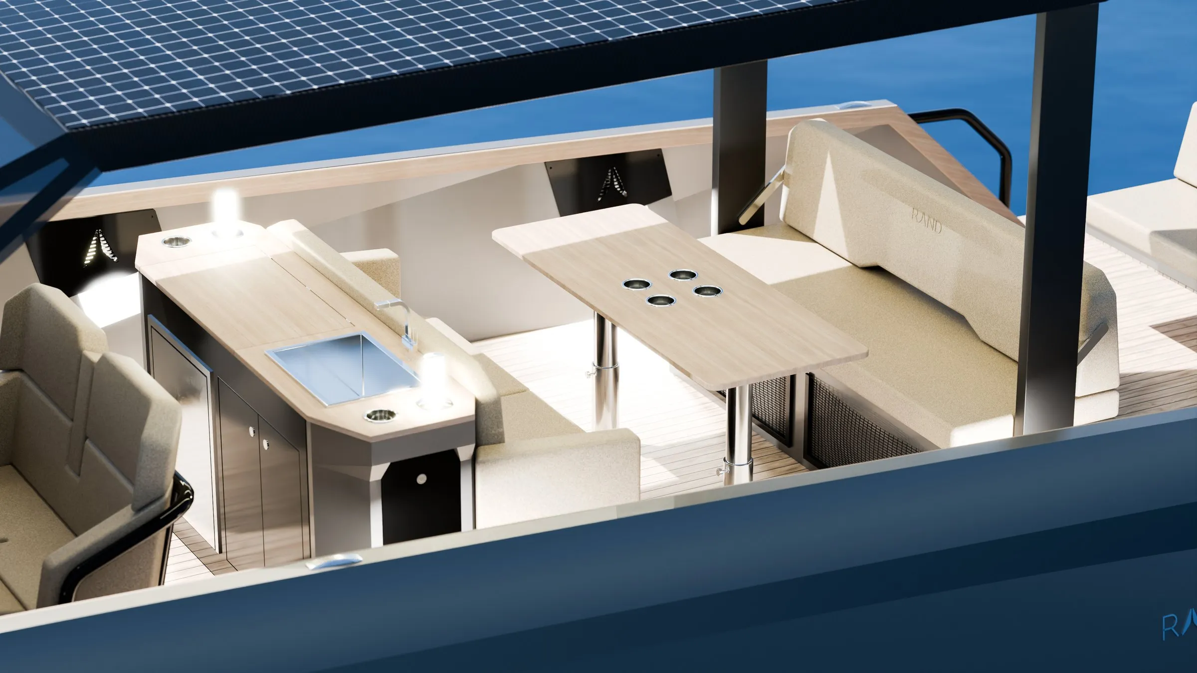 Lounge and galley aboard Serene 33 (render)
