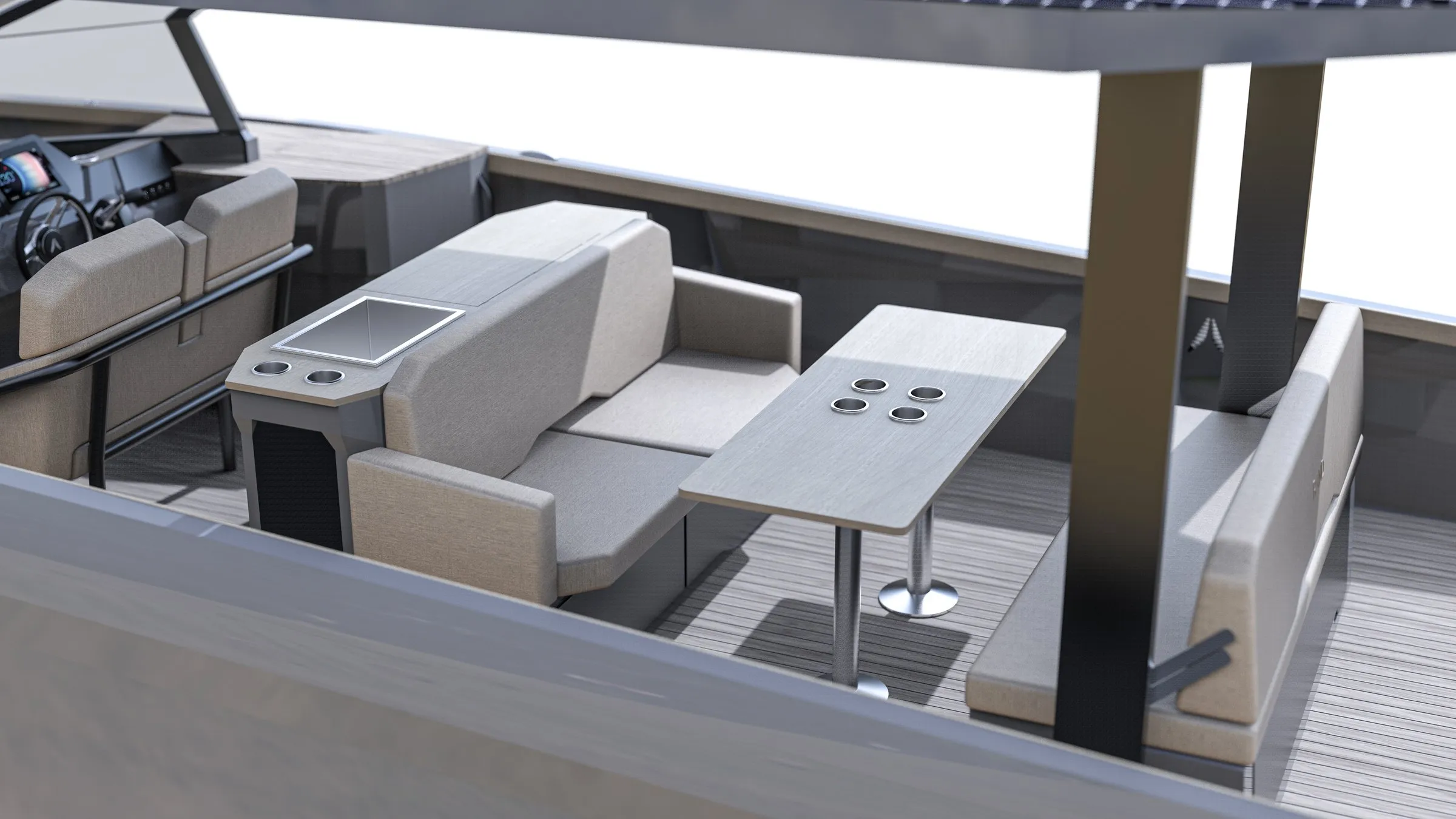 Table and seating under the roof of Serene 33 (render)
